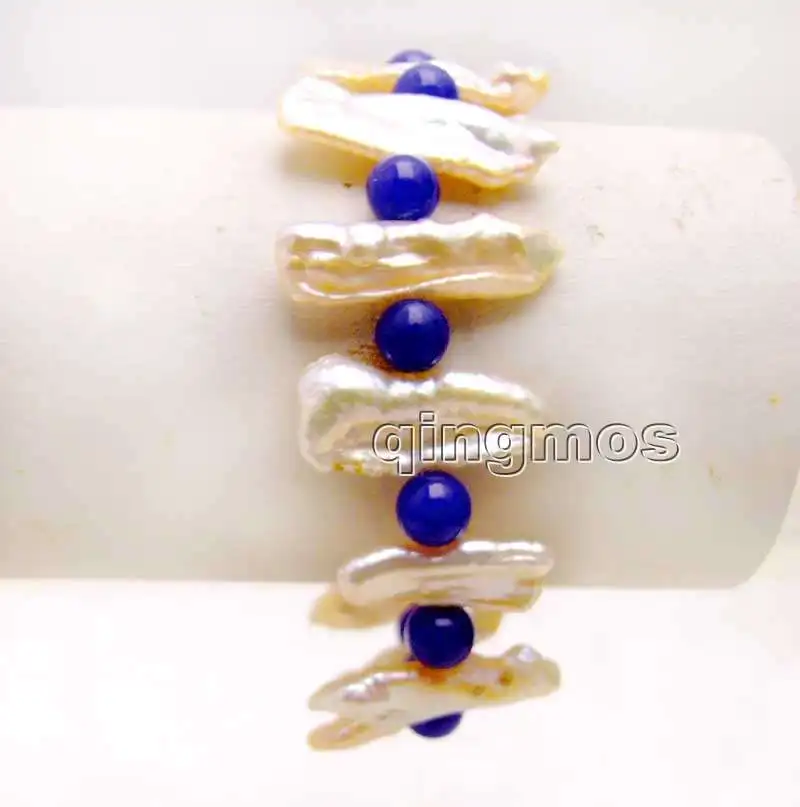 

Big 15-25mm Pink Natural Freshwater Biwa Pearl and 6mm Round Blue beads 7.5'' Bracelet-bra339