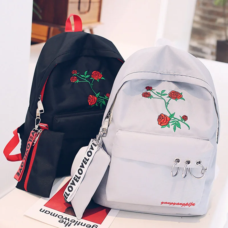 

2018 oversize 2 Pcs Women Backpack Pencil Case Zipper Rose Flower Embroidery Girl Student School Bags WML99
