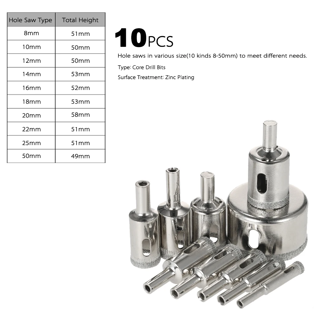 10 шт. 8-50 мм набор для сверления стеклянных отверстий Алмазное покрытие кольцевая пила Мраморное сверло плитка керамическое стекло фарфор