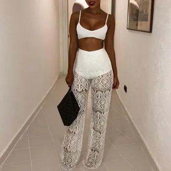 

High Waist Loose Sexy Lace Pants Women Hollow Out Crochet Long Trousers Black White Beach Casual Women Pants