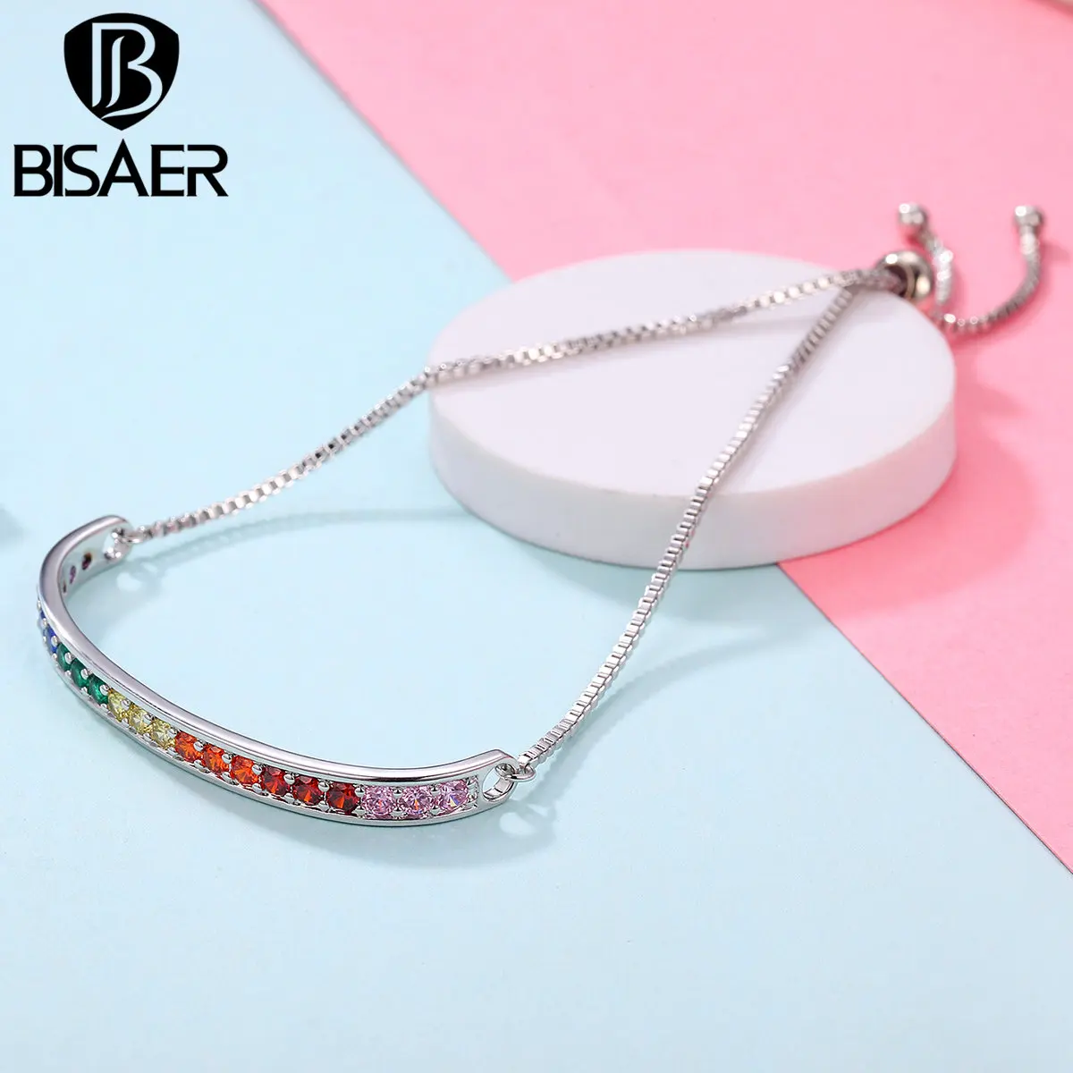 BISAER популярный серебряный цвет Радуга кристалл штамп Strand Link браслет на шнуровке браслеты для женщин браслет хорошее ювелирное изделие GSB036