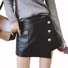 Черная юбка из натуральной овечьей кожи, женские мини-юбки с высокой талией и карманами, асимметричные вечерние сексуальные женские платья трапециевидной формы