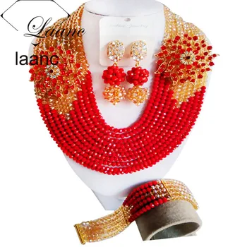 

Laanc Gold AB and Red African Beads Jewelry Set for Women Bride Bridesmaid Nigerian Wedding Necklace AL426