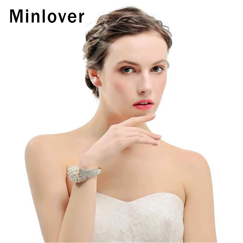 Minlover золотистый цвет, Круглый Имитация Жемчужный браслет для женщин эффектный круглый горный хрусталь свадебный браслет ювелирные изделия MSL324