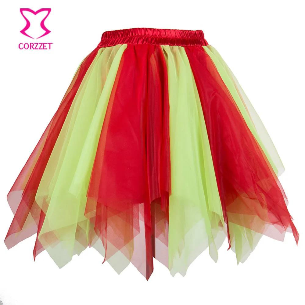 Red & Yellow Dancewear Women Asymmetrical Tulle Skirt Sexy Hot Micro