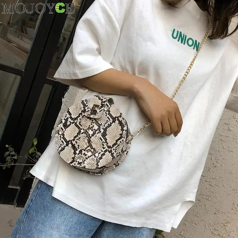 Retro Serpentine Chain Round Bag Women Handbags Printed Small PU Leather Shoulder Crossbody Bags Female Messenger Bag