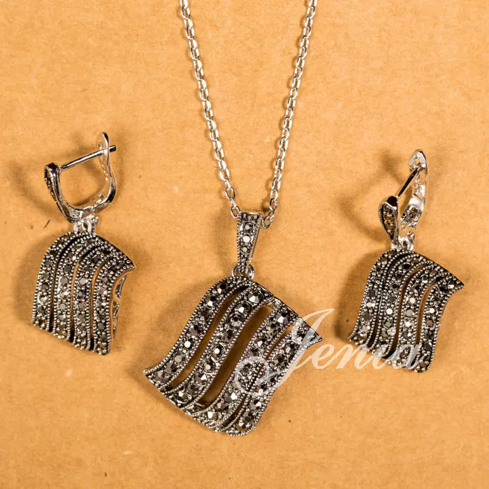 Jenia High Quality Retro Thai Silver Color Black Rhinestone Earring Necklace Tassel font b Jewelry b