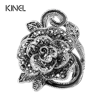 

Luxury Gray Crystal Ring Silver Plated Vintage Jewelry Big Flower Shape Elegant Rings For Women Fashion 2016