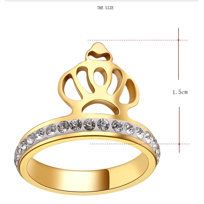 CACANA Stainless Steel Womens Gold Color Ring Exaggerate Big Rings High Quality Crystal Women's Rings Royal King Crown ring