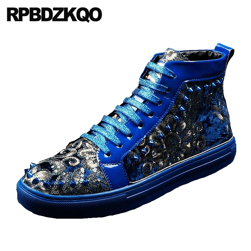 

New Height Increase Trainers Blue Metal Embroidery High Top Skate Sneakers Velvet Spike Black Glitter Shoes Elevator Club Sequin