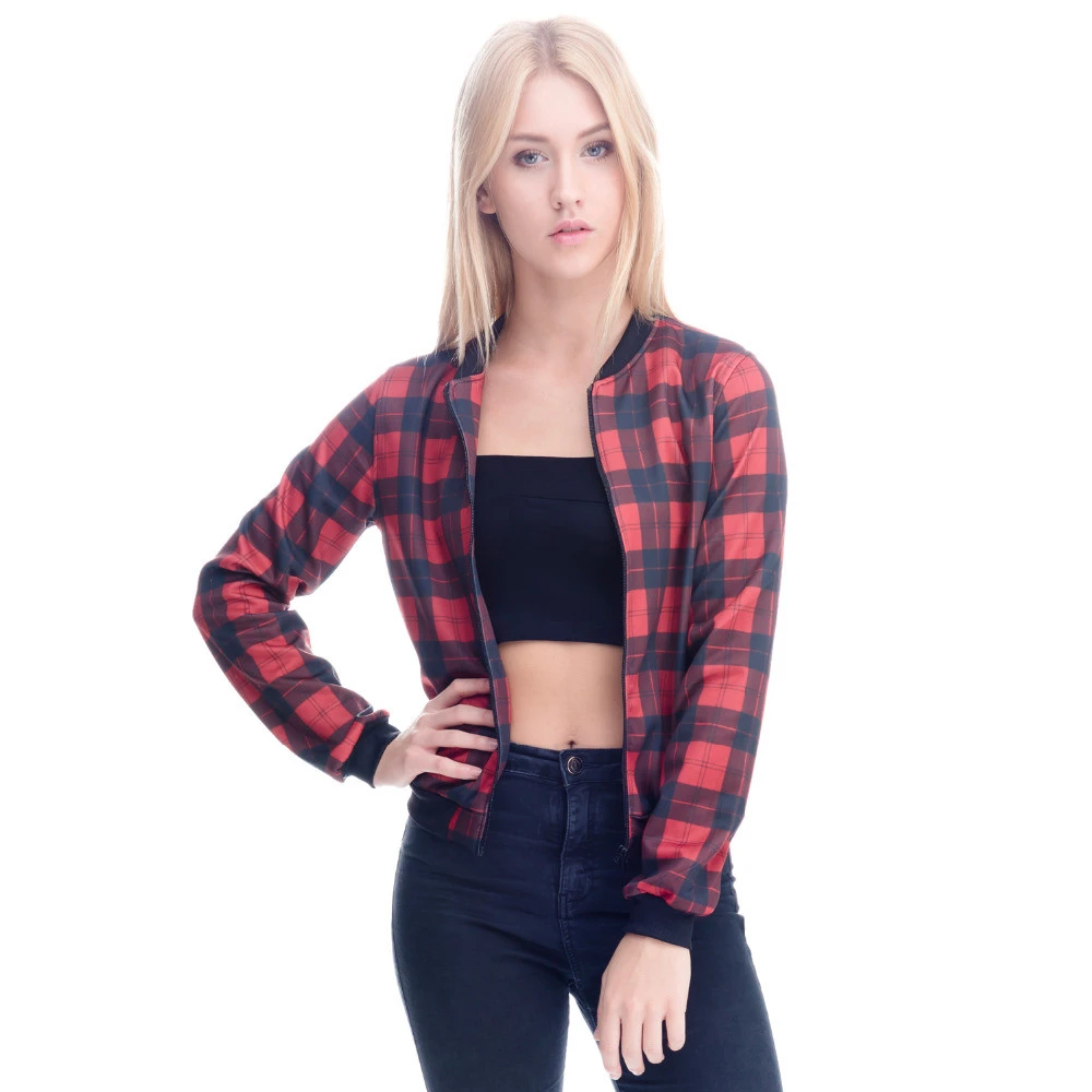 

New Arrival Brand Women Bomber Jacket 3D Printed Red Tartan Casual Outwear Coats Basic Jackets