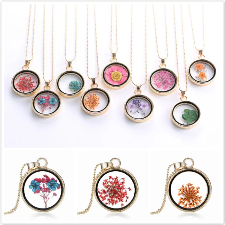 

1pcs Round Pendant Flowers Crystal Variety Dried Flower Necklace Exquisite Women's Accessories