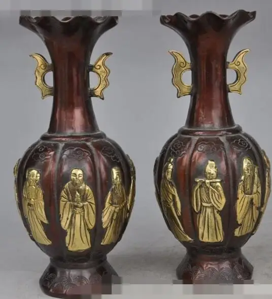 

S2432 8" Marked Chinese Bronze Gilt the Eight Immortals 8 God Flower Vase Bottle Pair