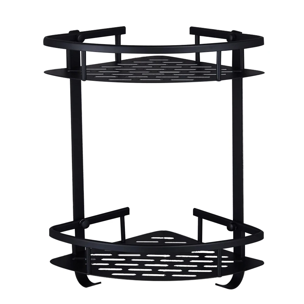 Wall Mounted Corner Shelf with 2 hooks Aluminum Kitchen Rack Punch free Triangle Basket Wall