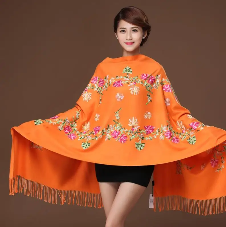 Женские модные кашемировые шарфы с цветочной вышивкой, осенне-зимний шарф для лица, женский шарф-шаль с кисточками, длинное одеяло, Cachecol - Цвет: Orange