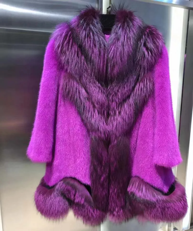 Luxury mink fur spliced with fox fur coat beautyful purple color ...