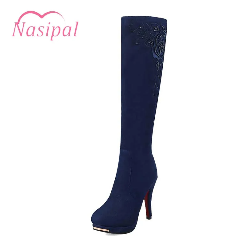 

Nasipal Knee High Boots Women's High Heels Shoes Embroider String Beading Boots Fashion Round Toe Botas Mujer Femininos M320