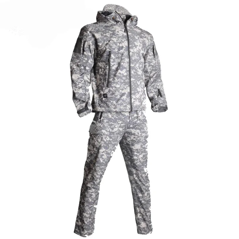 Jacket + Calças Camuflagem ao ar Roupas de Caça Acampamento à Prova Ternos com Capuz Softshell Tático Define Livre Militar Caminhadas Vento Tad Men 21 Cheap Jaq. caminhada