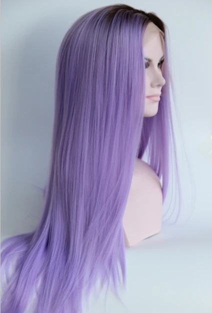 Low Prices Fashion Ombre Straight Synthetic Lace Front Wig Glueless Long Two Tone Color Brown To Purple Heat Resistant Hair Wigs For Women