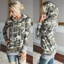 Для женщин зима камуфляж печать карман свитер с капюшоном пуловер с капюшоном Блузка для девочек на осень длинные рукава yoga рубашки