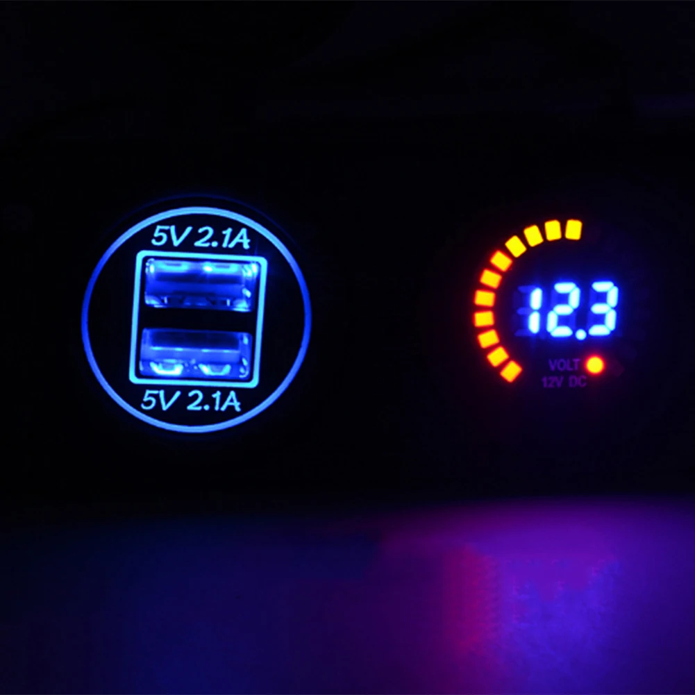 Центральная консоль 4.2A с диафрагмой двойной USB синий+ 12 В цветной вольтметр Мотоциклы Машины лодки измеритель напряжения автомобиля мото аксессуары