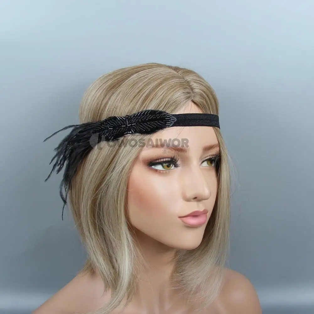 

New Design Black Crystal Beading Feather Bridal Headpiece Flapper Headband Gatsby Pageant Party Wedding Hair Jewelry