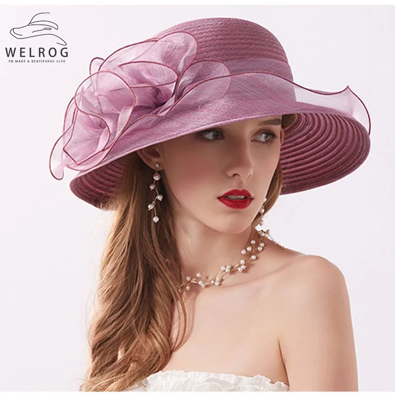 WELROG шляпы для похода в Церковь шляпы федоры весна лето сетки шапки для женщин дамы цветок вискоза большой широкий элегантный шляпы от солнца головные уборы