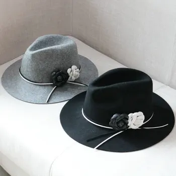 

Winter Camellia Floral Wide Brim Black Wool Felt Fedoras Chapeau Jazz Caps Female Free Shipping BMDW030