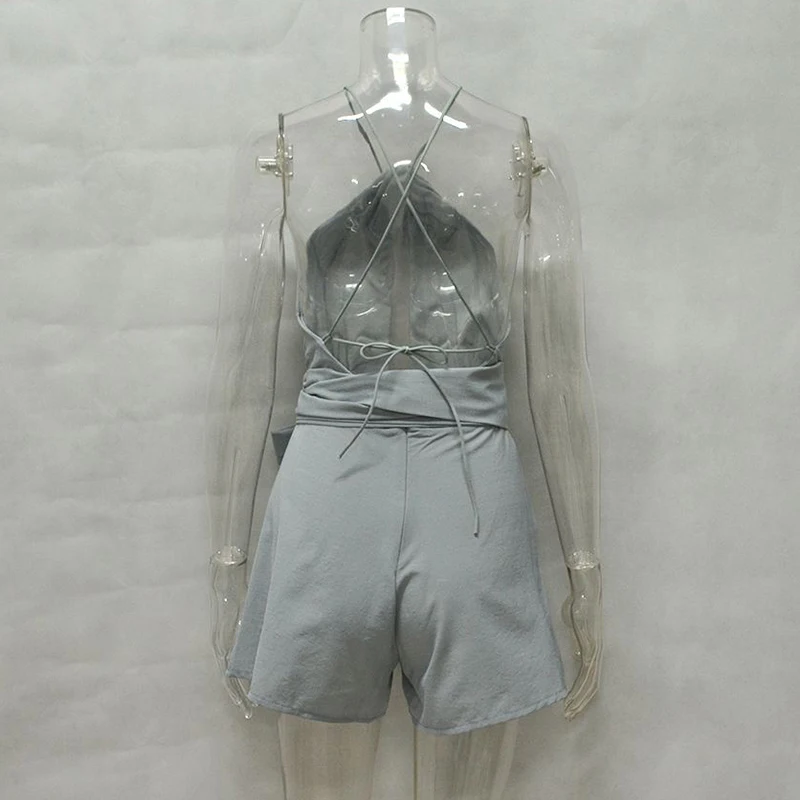 Casual Boho Beach Women Summer Playsuit With Sash Tie Camis Halter Sleeveless Backless Sexy Short Rompers Jumpsuit (8)