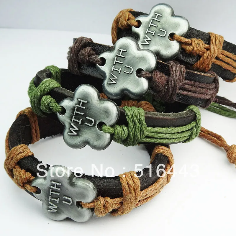 

12pcs Wholesale Fashion Jewelry Lots Natural Pure Leather With U Flower Couple Bracelets Bangles A-579