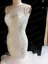 2015 Charming Mermaid Boat Neck Lace Up Back Chapel Train Tiered Skirt White Bridal Gown Wedding Dress With Crystals LW004
