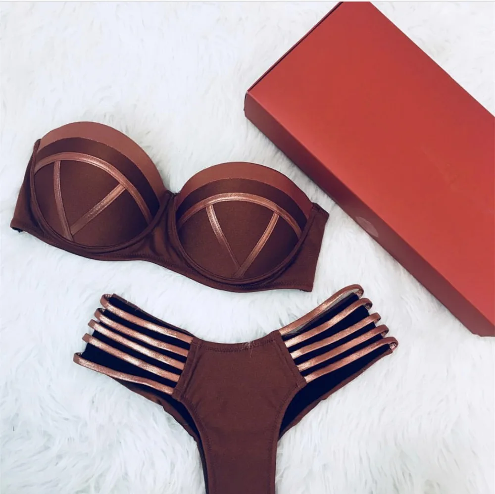 

2018 Sexy Hollow Out Swimsuit Backless Bathing Suit Women Thong Swimsuit Halter Top Strip Bikini Set Push Up Swimwear Biquin G04