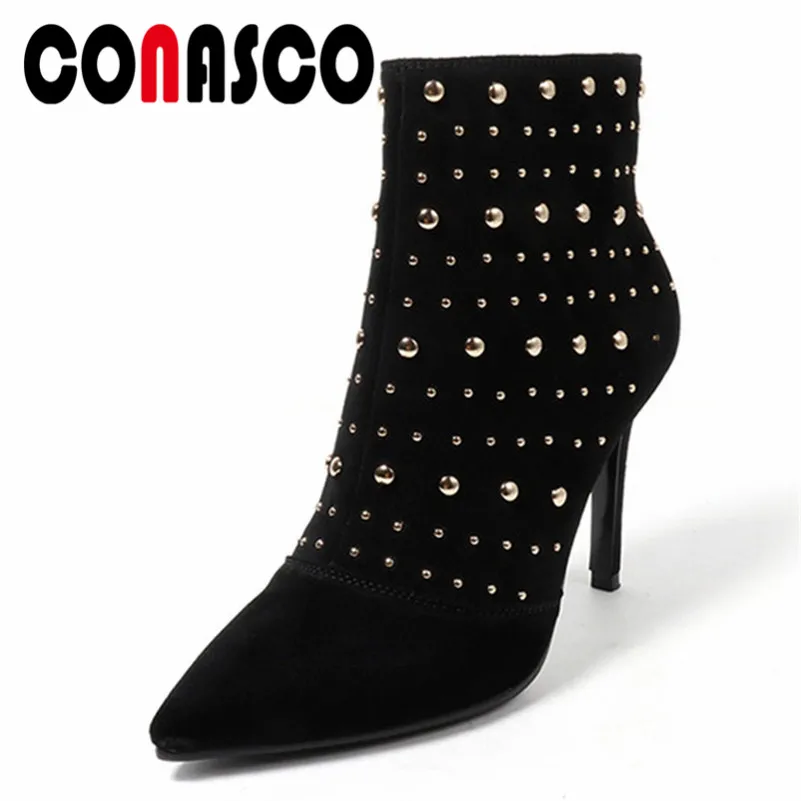 

CONASCO Brand Women Fashion Autumn Winter Pumps Sexy Rivets Zipper Pointed Toe Martin Shoes Woman Wedding Party Office Pumps