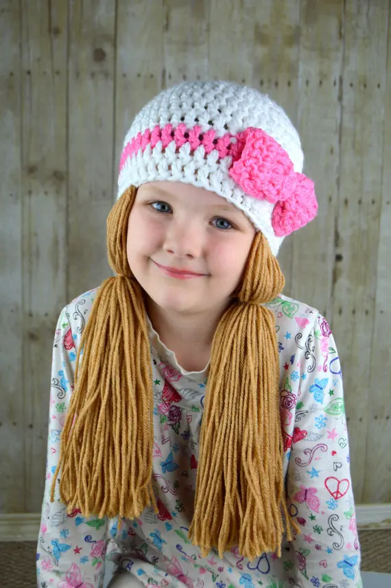 2016 New Handmade Crochet Baby Girls Wigs Hat White And Pink