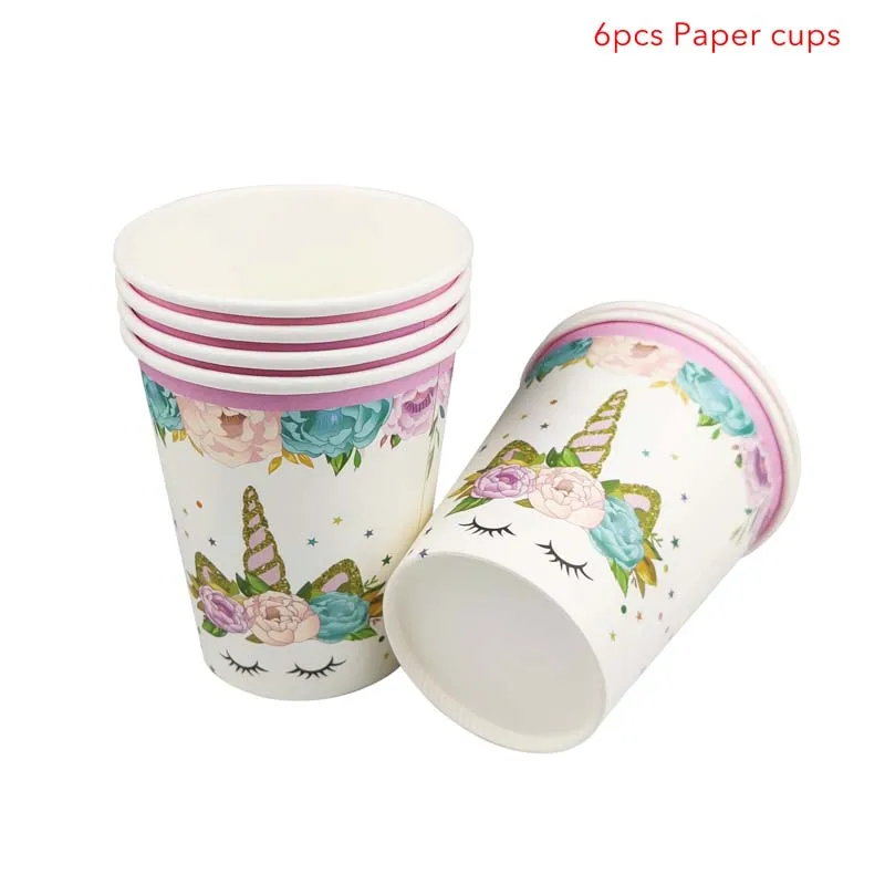 6pcs paper cups Единорог одноразовая посуда набор бумажные тарелки салфетки для стаканчиков конфет мешок торт Топпер кекс обертки Дети День рождения украшения - Цвет: 6pcs paper cups