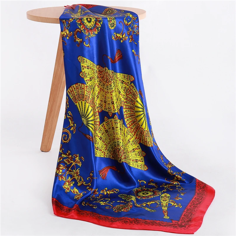 

Designer Brand Silk Square Women Scarf Large Satin Folding Fan Print Head Scarves for Ladies Foulard Bandana Hijab 2019