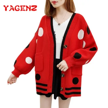 

YAGENZ Autumn Winter Knitted Sweater Women Large Dot Jacquard Sweater Plus size Coat Single-breasted Female cardigan sweater 138