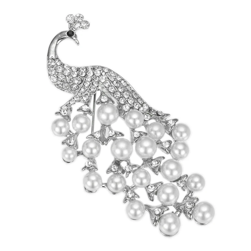 Брошь в виде павлина с кристаллом и искусственным жемчугом 3 дюйма|peacock brooch|silver