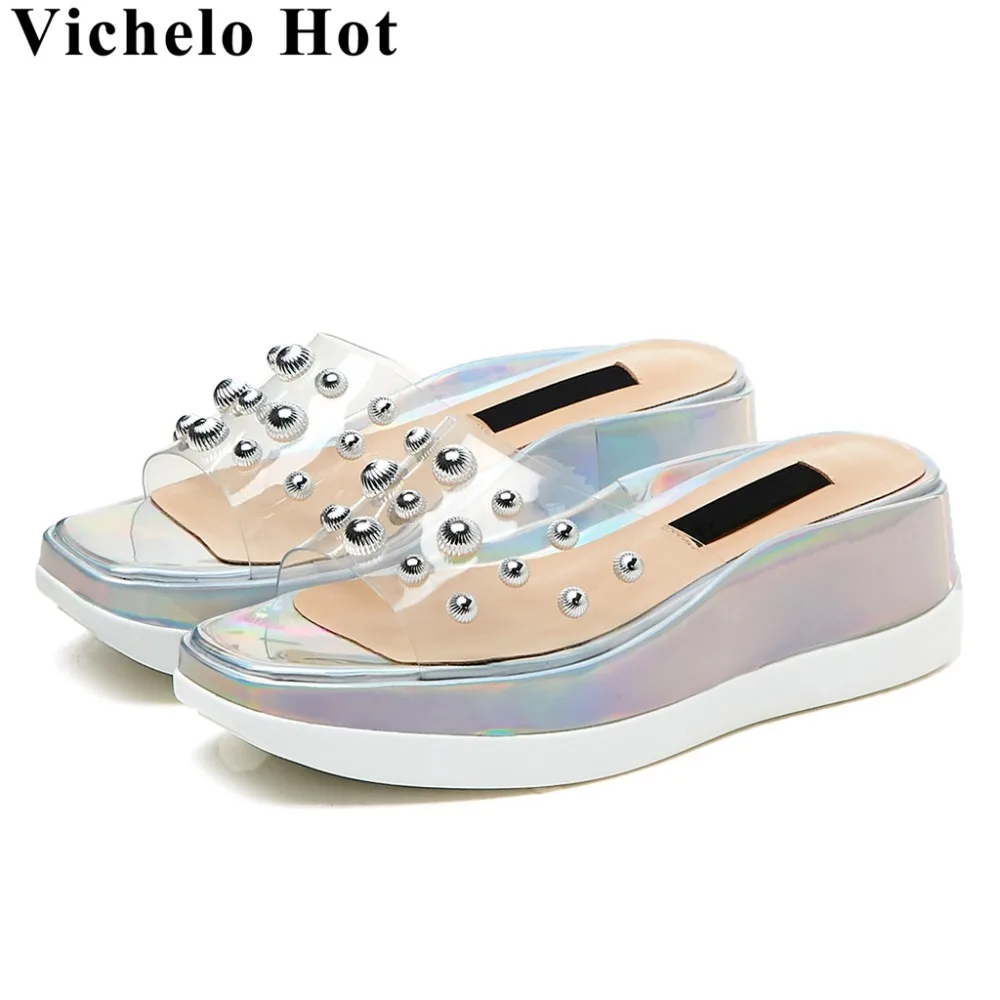 

Vichelo Hot office lady wedges med bottom slip on mules metal rivets decoration peep square toe fashion pvc women sandals L33