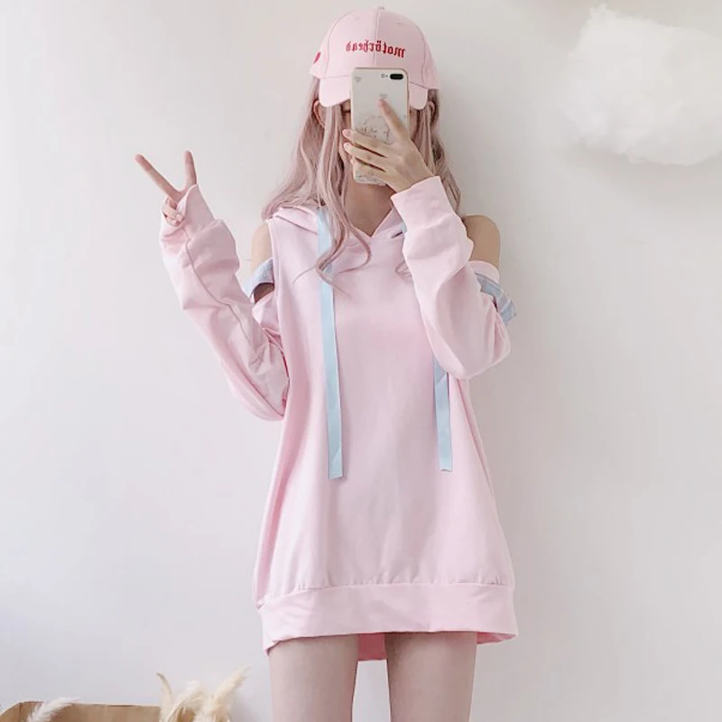 Pink Hoodies Women Kawaii Korean Style Chic Shoulder Strap Design Loose Hooded Pullovers Harajuku Sweatshirt for Sweet Girl