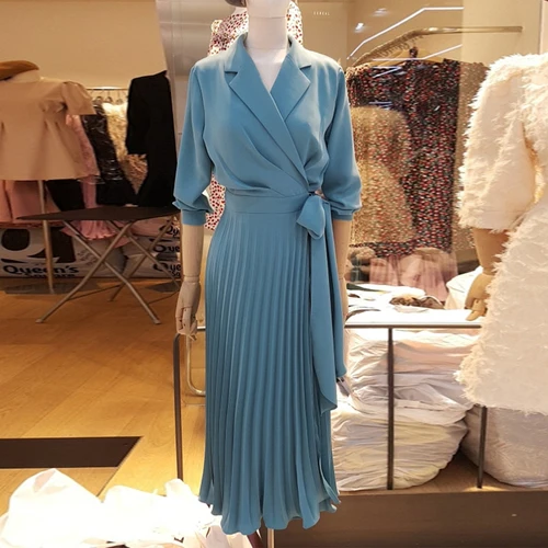 SuperAen Весна Новая женская одежда корейский стиль женское Плиссированное шифоновое платье темперамент сплошной цвет платье для женщин - Цвет: blue