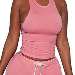 Розовый танк футболка и шорты Комплект из двух предметов шею Сексуальная рукавов Для женщин Летняя Фитнес Stretch Спортивные комплект из 2
