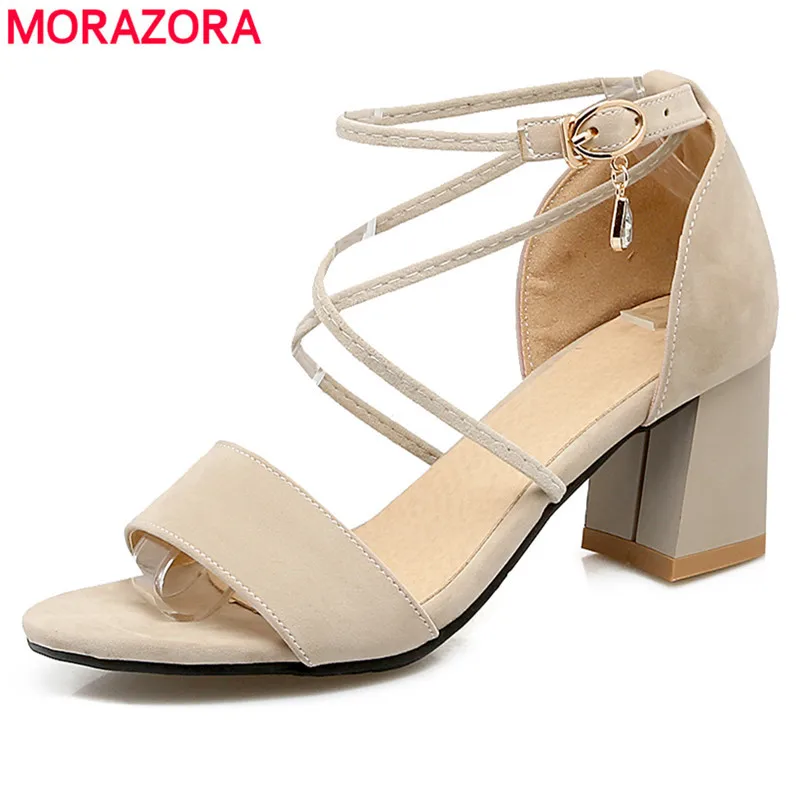 

MORAZORA 2019 large size 33-46 flock women sandals simple buckle cross tied summer shoes comfortable high heels shoes woman