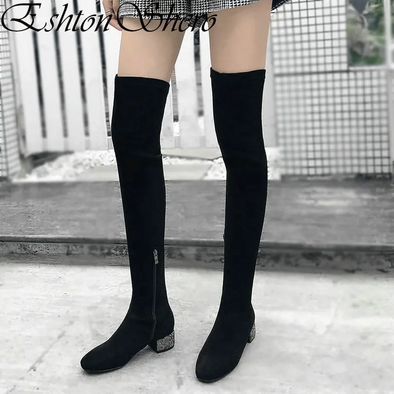 

EshtonShero Shoes Woman Over The Knee Boots Flock Med Heel Women Pointed Toe Black Zipper Ladies Motorcycle Boot Size 34-39
