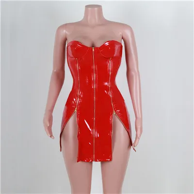 Adogirl Solid Yellow PU Leather Dress Women Sexy Strapless Zipper Side Slit Sheath Mini Club Party Dress Stretchy Curve Dresses - Цвет: red dress