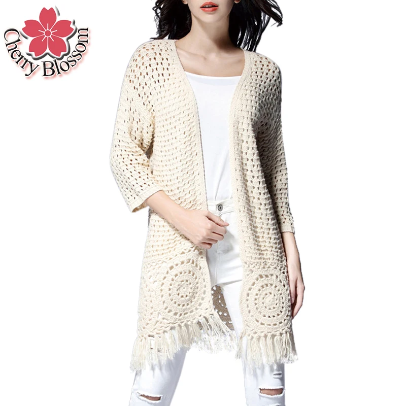 Women Sweater High End Ladies V Neck Hollow Out Knitted Cardigans Coats Autumn Spring Female Plus Size Long Tassel Sweaters