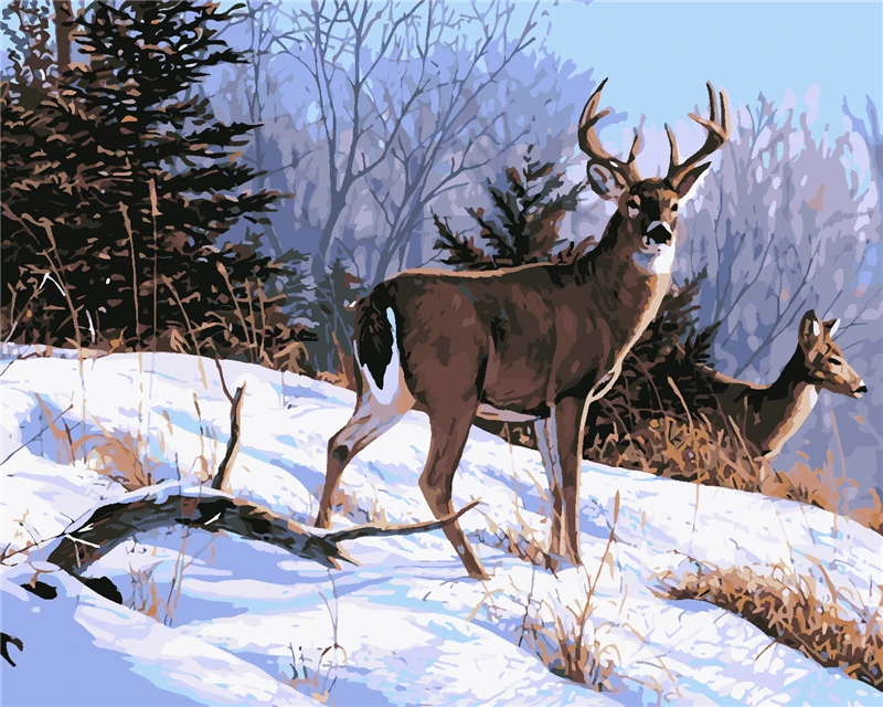 Snow and deer Digital Oil Painting Frameless Picture Painting by