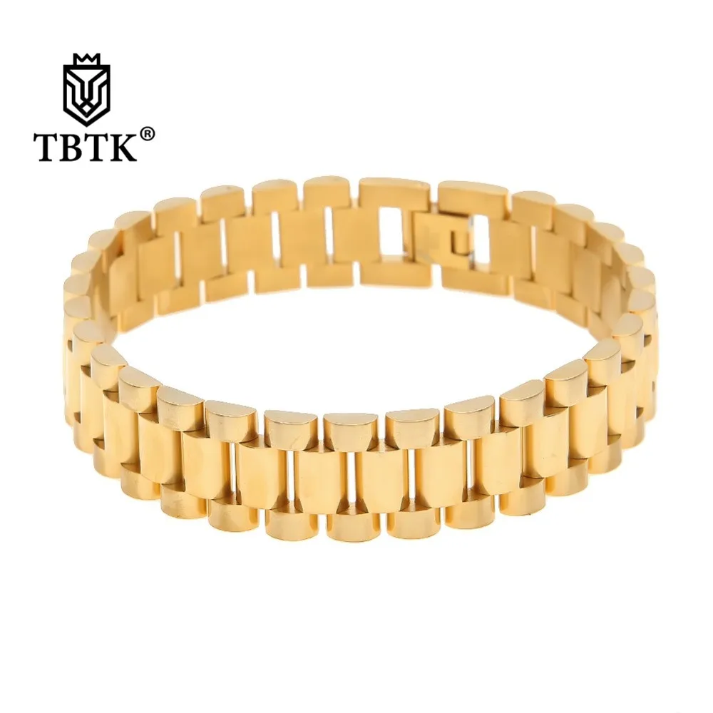 

TBTK Simple Style Colorful Wristband Gold/Black/Write/Blue Stainless Steel Bracelet Width 15mm Toggle Clasp Bracelet Man Jewelry