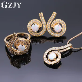 

GZJY Fashion Party Jewelry Sets Champagne Gold Color White Fire Opal AAA Zircon Pendant Necklace Ring Earrings Jewelry Sets