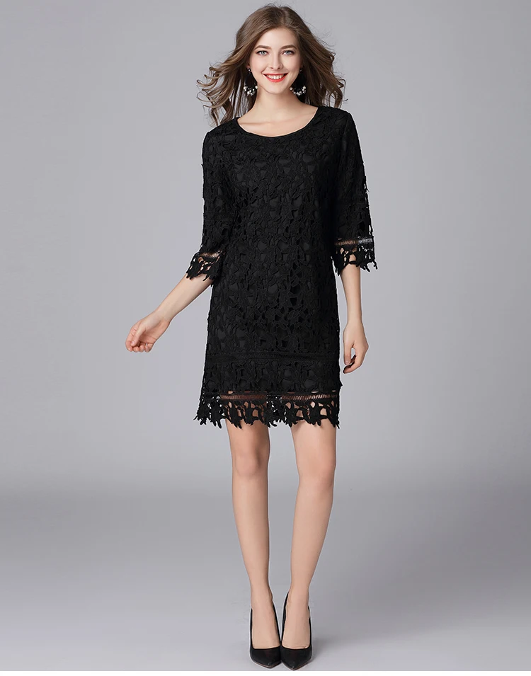 Плюс размер женское платье L-5XL Высокое качество Лето Весна платье выдалбливают вышивка цветочный узор кружевное мини прямое черное платье
